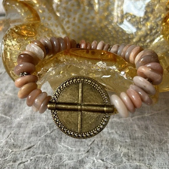 Broken Vintage Pink Opal semi-precious gemstone with brass labyrinth Charm. - Picture 3 of 8